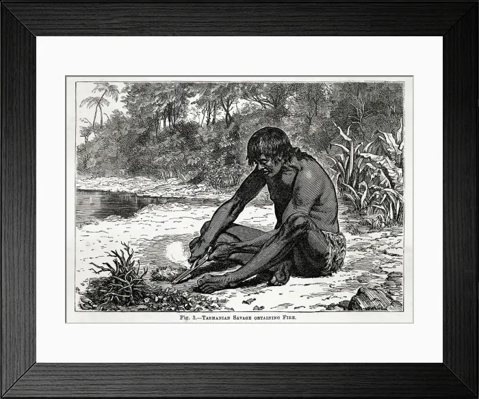 Framed Print : A Tasmanian native obtaining fire by rubbing two sticks together Date: 1860s Framed Print : A Tasmanian native obtaining fire by rubbing two sticks together Date: 1860s