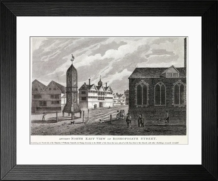 Framed Print : An ancient view of Bishopsgate, showing the pump in the middle of the road. Date: Circa 1700 Framed Print : An ancient view of Bishopsgate, showing the pump in the middle of the road. Date: Circa 1700