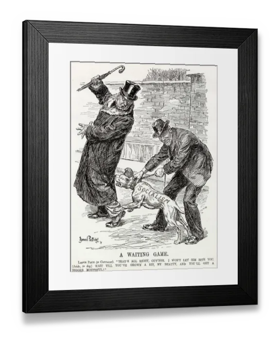 Framed Print : Cartoon, A Waiting Game -- the Labour Party restrains the socialist dog for the time being, but warns that the capitalist will not always escape! Date: 1908 Framed Print : Cartoon, A Waiting Game -- the Labour Party restrains the socialist dog for the time being, but warns that the capitalist will not always escape! Date: 1908