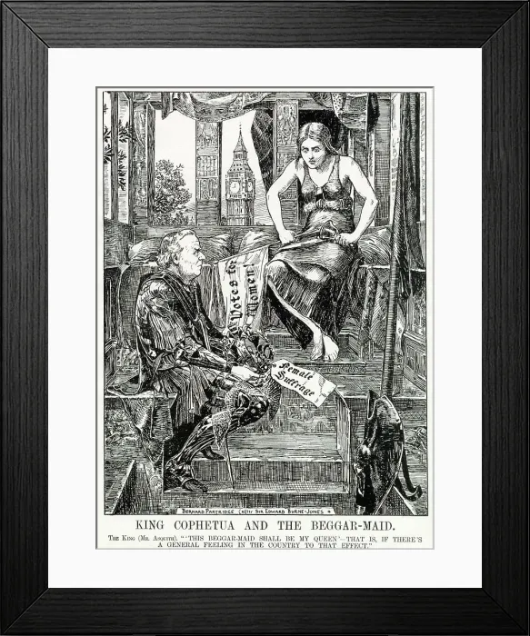 Framed Print : Cartoon -- Asquith half-promises to introduce votes for women - if the country agrees... A parody of Burne-Jones's painting, King Cophetua and the Beggar-Maid. Date: 1908 Framed Print : Cartoon -- Asquith half-promises to introduce votes for women - if the country agrees... A parody of Burne-Jones's painting, King Cophetua and the Beggar-Maid. Date: 1908