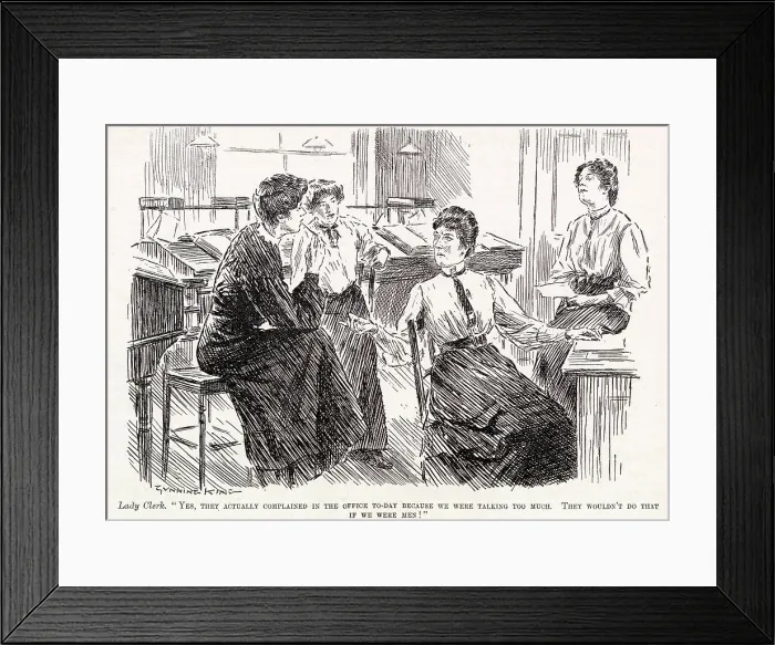 Framed Print : Women in the Office - They complained because we were talking too much. They wouldn't do that if we were men! Date: 1908