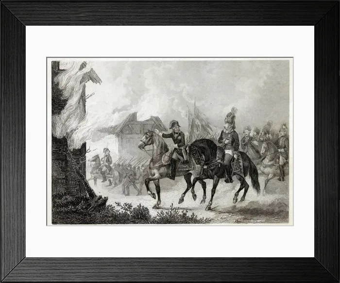 Framed Print : Friedrich der Grosse rides with his officers past a burning farm Date: circa 1760 Framed Print : Friedrich der Grosse rides with his officers past a burning farm Date: circa 1760