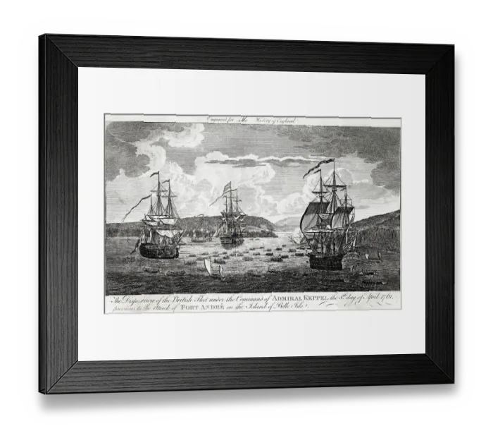 Framed Print : NORTH AMERICAN CAMPAIGN The British under Admiral Keppel prepare to attack the French Fort Andre, on Belle Isle, off the Newfoundland coast Date: 8 April 1761 Framed Print : NORTH AMERICAN CAMPAIGN The British under Admiral Keppel prepare to attack the French Fort Andre, on Belle Isle, off the Newfoundland coast Date: 8 April 1761