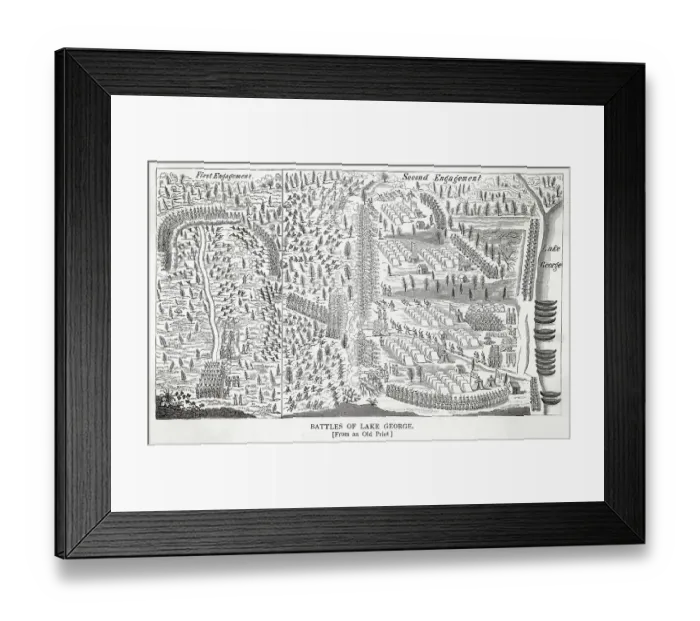 Framed Print : NORTH AMERICAN CAMPAIGN BATTLE OF LAKE GEORGE A French-Italian force successfully ambush British militia, but fail to take the British camp Date: 8 September 1755 Framed Print : NORTH AMERICAN CAMPAIGN BATTLE OF LAKE GEORGE A French-Italian force successfully ambush British militia, but fail to take the British camp Date: 8 September 1755
