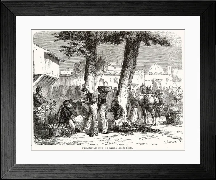 Framed Print : French soldiers, part of the mission sent to Syria on behalf of the persecuted Maronite Christians, bargain in a Lebanese market Date: November 1860 Framed Print : French soldiers, part of the mission sent to Syria on behalf of the persecuted Maronite Christians, bargain in a Lebanese market Date: November 1860