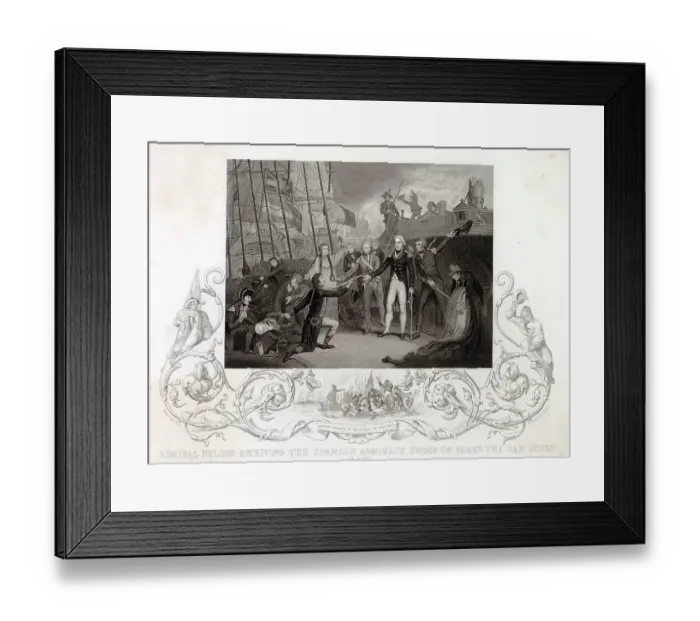 Framed Print : CAPE ST VINCENT Nelson on board the San Josef receives the sword of the defeated Spanish Admiral Don Juan de Langara Date: 14 February 1797 Framed Print : CAPE ST VINCENT Nelson on board the San Josef receives the sword of the defeated Spanish Admiral Don Juan de Langara Date: 14 February 1797