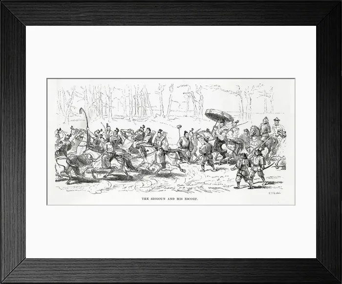Framed Print : A Shogun escorted by many riders and warriors proceeds through a forest Framed Print : A Shogun escorted by many riders and warriors proceeds through a forest