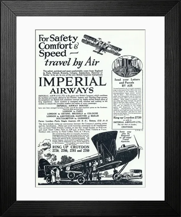 Framed Print : You can leave Hotel Victoria, London, at 10.45 am and reach Hotel Crillon, Paris, at 3.30 pm - thanks to Imperial Airways Date: 1924 Framed Print : You can leave Hotel Victoria, London, at 10.45 am and reach Hotel Crillon, Paris, at 3.30 pm - thanks to Imperial Airways Date: 1924