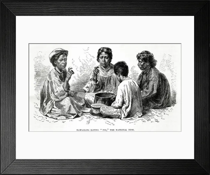 Framed Print : A group of Hawaiians sitting eating Poi the national dish. Date: 1870 Framed Print : A group of Hawaiians sitting eating Poi the national dish. Date: 1870