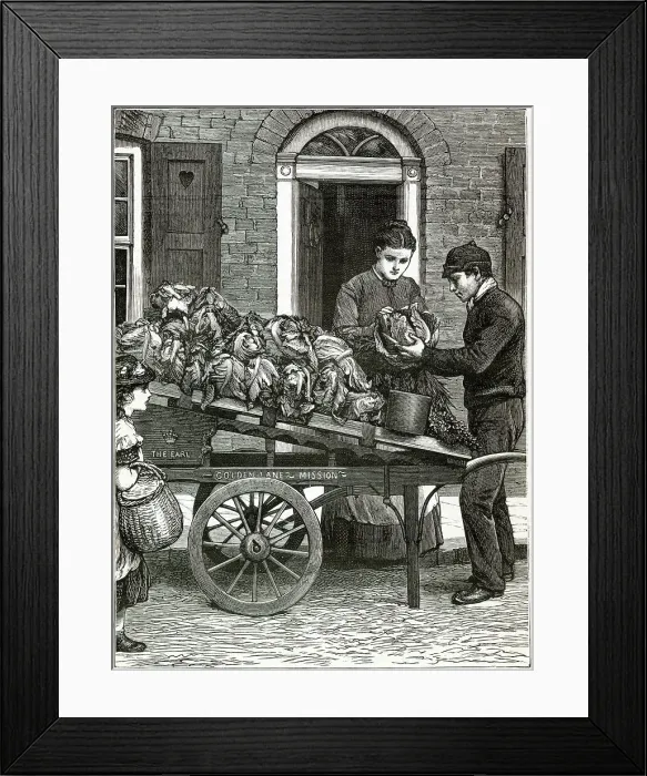 Framed Print : A costermonger sells cabbages from his cart in London. Date: 1888 Framed Print : A costermonger sells cabbages from his cart in London. Date: 1888