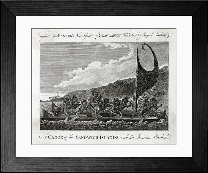 Framed Print : Masked natives of the Sandwich Islands rowing in a canoe Date: 1770 Framed Print : Masked natives of the Sandwich Islands rowing in a canoe Date: 1770