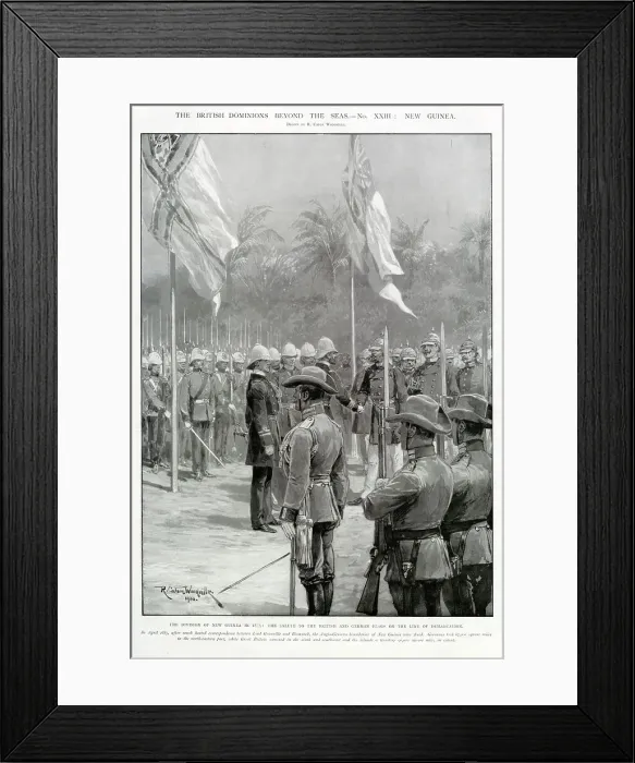Framed Print : New Guinea is divided between Britain and Germany. A military ceremony is held to mark the occasion. Date: April 1885 Framed Print : New Guinea is divided between Britain and Germany. A military ceremony is held to mark the occasion. Date: April 1885