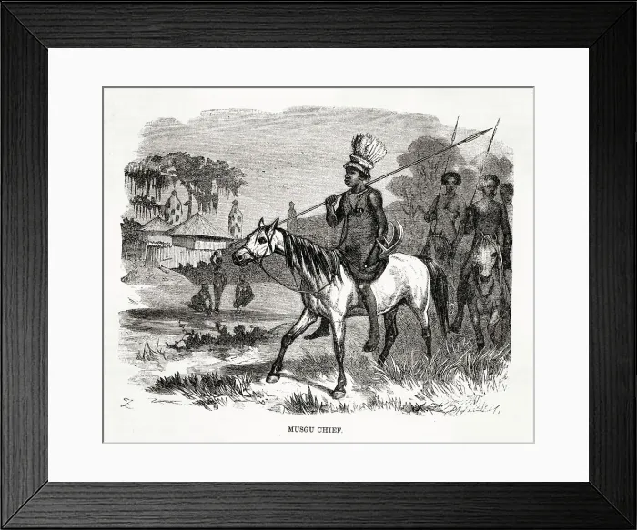 Framed Print : A Musgu chief rides his horse on the outskirts of a village Framed Print : A Musgu chief rides his horse on the outskirts of a village
