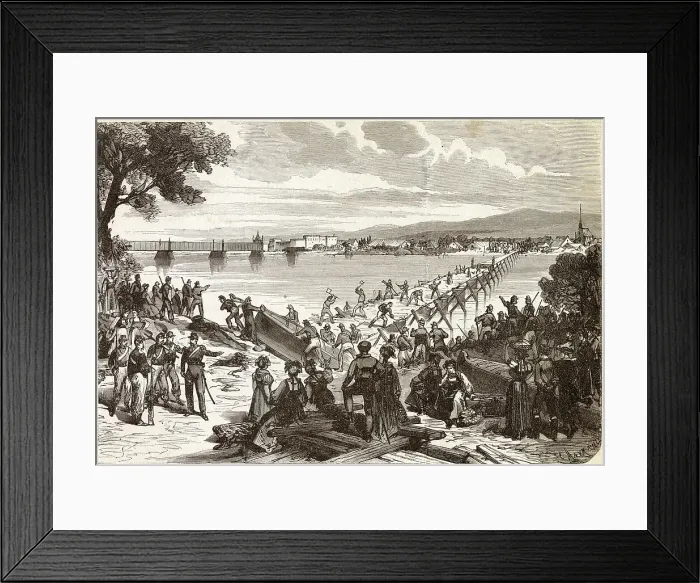 Framed Print : The French build a bridge of boats across the Rhine, one of their few aggressive moves in what is predominantly a defensive war Date: August 1870 Framed Print : The French build a bridge of boats across the Rhine, one of their few aggressive moves in what is predominantly a defensive war Date: August 1870
