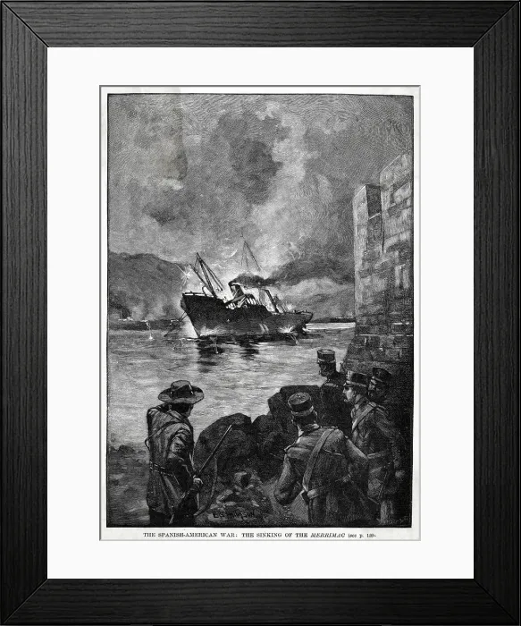 Framed Print : The American warship Merrimac is sunk at the entrance to Santiago harbour. Date: 1898 Framed Print : The American warship Merrimac is sunk at the entrance to Santiago harbour. Date: 1898
