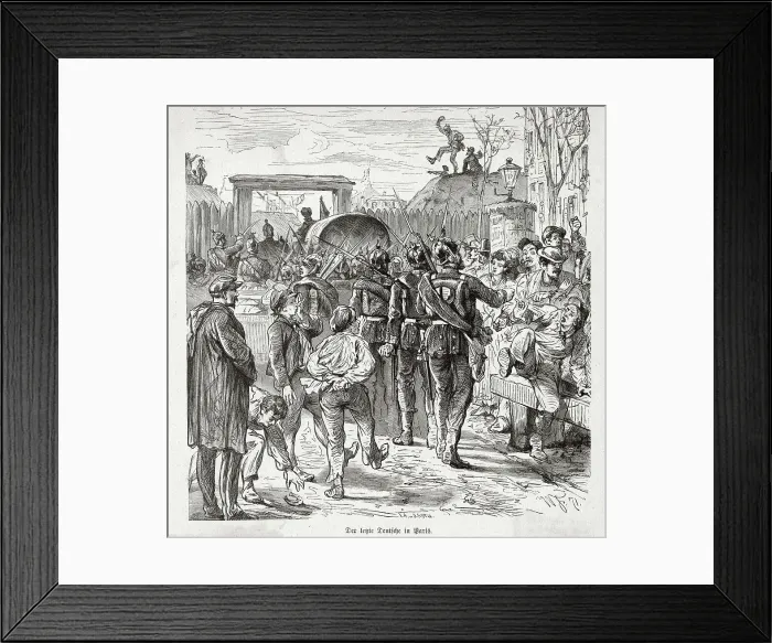 Framed Print : Der lezte Deutsche in Paris the Prussians leave the city, derided by the inhabitants : little knowing they'll be back 70 years later - and next time they'll stay longer.. Date: 3 March 1871 Framed Print : Der lezte Deutsche in Paris the Prussians leave the city, derided by the inhabitants : little knowing they'll be back 70 years later - and next time they'll stay longer.. Date: 3 March 1871