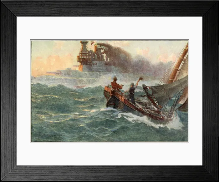 Framed Print : CONTRASTS Two fishermen salute a passing battleship. Date: 1905 Framed Print : CONTRASTS Two fishermen salute a passing battleship. Date: 1905