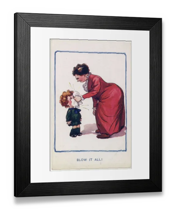 Framed Print : A little boy is made to blow his nose by a determined adult. Date: 1912 Framed Print : A little boy is made to blow his nose by a determined adult. Date: 1912