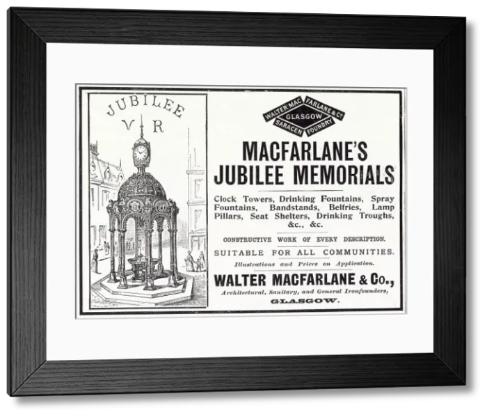 Framed Print : Walter MacFarlane, Saracen Foundry in Glasgow manufacturer of cast iron clocks, towers, drinking fountains, bandstands, belfries. lamp pillars seat shelters and drinking troughs. Date: 1897 Framed Print : Walter MacFarlane, Saracen Foundry in Glasgow manufacturer of cast iron clocks, towers, drinking fountains, bandstands, belfries. lamp pillars seat shelters and drinking troughs. Date: 1897