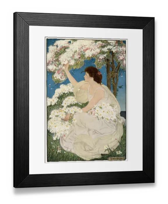 Framed Print : A woman in a flowing white dress sits underneath a tree filled with spring blossom and gathers the flowers on her lap. Date: 1905 Framed Print : A woman in a flowing white dress sits underneath a tree filled with spring blossom and gathers the flowers on her lap. Date: 1905