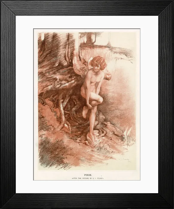 Framed Print : A colour illustration showing a pixie perched against a tree. Date: 1924 Framed Print : A colour illustration showing a pixie perched against a tree. Date: 1924