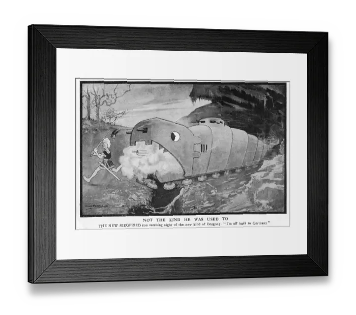 Framed Print : Not the kind he was used to. The new Siegfried (on catching sight of the new kind of dragon): I'm off back to Germany. Date: 1916 Framed Print : Not the kind he was used to. The new Siegfried (on catching sight of the new kind of dragon): I'm off back to Germany. Date: 1916