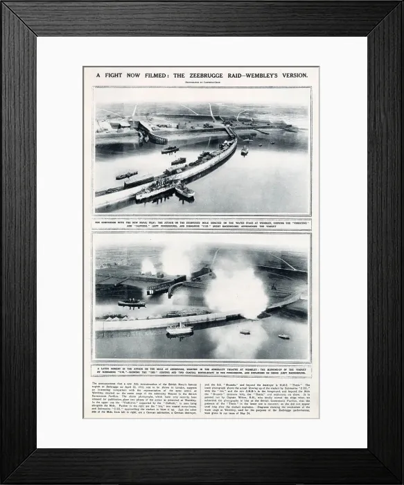 Framed Print : The Zeebrugge raid enacted in the Admiralty Theatre at Wembley in 1924. Date: 1924 Framed Print : The Zeebrugge raid enacted in the Admiralty Theatre at Wembley in 1924. Date: 1924