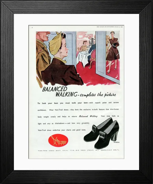 Framed Print : Advertisement for Vani-tred shoes - To look your best you must walk your best'. Date: 1943 Framed Print : Advertisement for Vani-tred shoes - To look your best you must walk your best'. Date: 1943