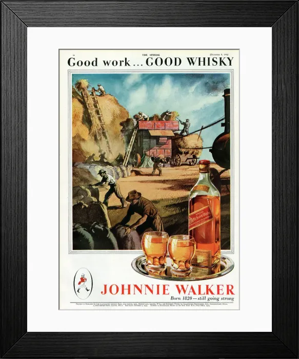 Framed Print : Advertisement on the back cover of The Sphere for Johnnie Walker scotch whisky showing a haymaking scene. Date: 1943 Framed Print : Advertisement on the back cover of The Sphere for Johnnie Walker scotch whisky showing a haymaking scene. Date: 1943