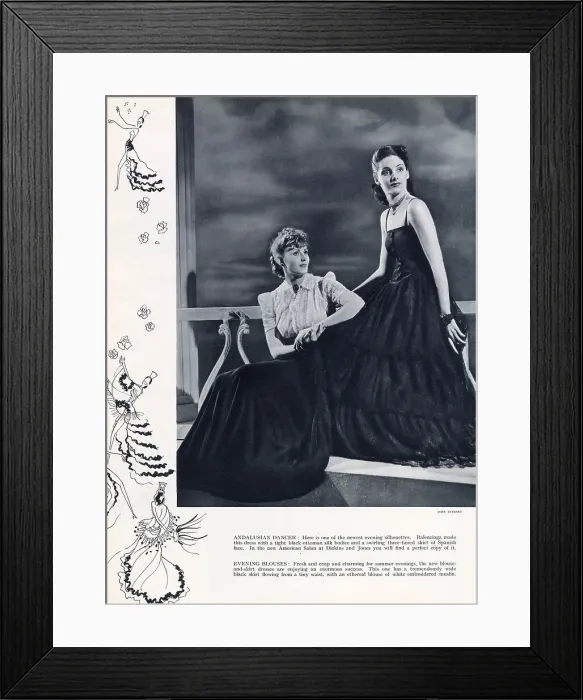 Framed Print : Two suggestions for evening wear by Balenciaga reminiscent of an Andalusian dancer. On the right, a dress comprising a tight black, ottoman silk bodice with a swirling three-tier skirt of Spanish lace Framed Print : Two suggestions for evening wear by Balenciaga reminiscent of an Andalusian dancer. On the right, a dress comprising a tight black, ottoman silk bodice with a swirling three-tier skirt of Spanish lace