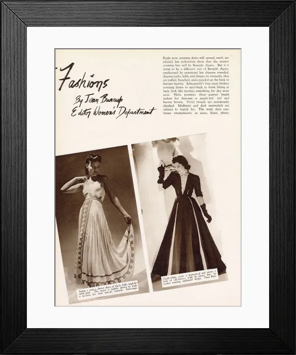 Framed Print : Page from Britannia and Eve with a Nina Ricci dress in white with Grecian style embroidery, and a dramatic dinner dress of black faille high lit with pink by Balenciaga. Date: 1939 Framed Print : Page from Britannia and Eve with a Nina Ricci dress in white with Grecian style embroidery, and a dramatic dinner dress of black faille high lit with pink by Balenciaga. Date: 1939