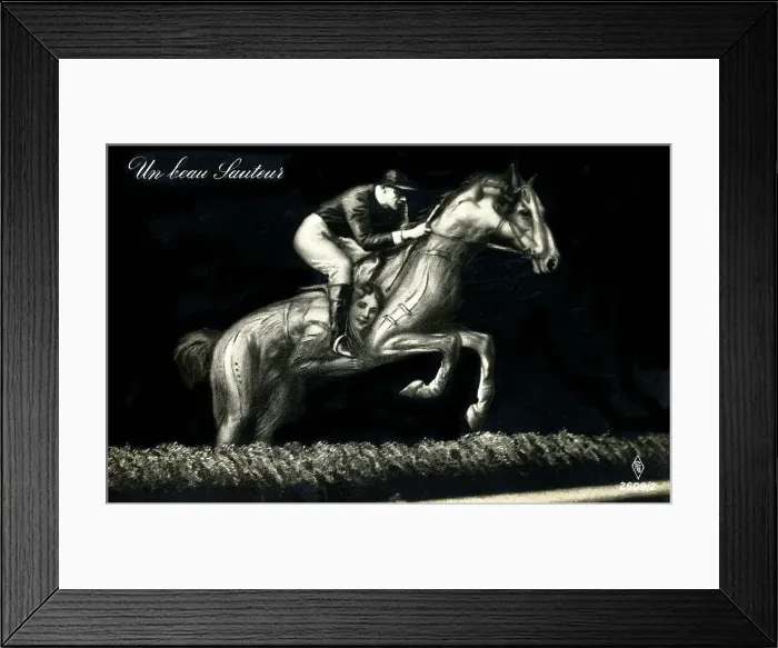 Framed Print : A handsome jumper - Optical Illusion. A Jockey on Horseback leaping a fence - his steed can also be seen as two scantily-clad beauties Date: circa 1910s Framed Print : A handsome jumper - Optical Illusion. A Jockey on Horseback leaping a fence - his steed can also be seen as two scantily-clad beauties Date: circa 1910s