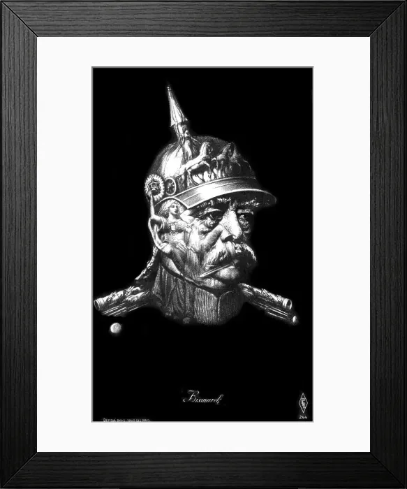 Framed Print : Count Otto Von Bismarck (1815-1898) - Optical Illusion fantasy postcard, the portrait also comprised of multiple images of heroic and legendary German archetypes and actions. Date: circa 1909 Framed Print : Count Otto Von Bismarck (1815-1898) - Optical Illusion fantasy postcard, the portrait also comprised of multiple images of heroic and legendary German archetypes and actions. Date: circa 1909