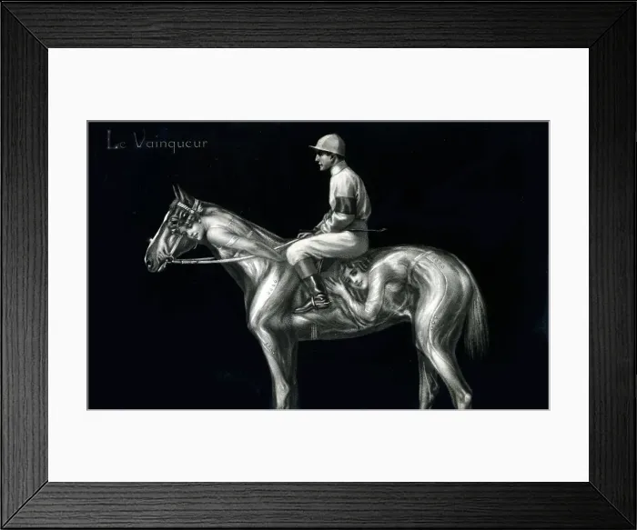 Framed Print : The Winner - Optical Illusion. A Jockey on Horseback - his steed can also be seen as two scantily-clad beauties Date: circa 1910s Framed Print : The Winner - Optical Illusion. A Jockey on Horseback - his steed can also be seen as two scantily-clad beauties Date: circa 1910s