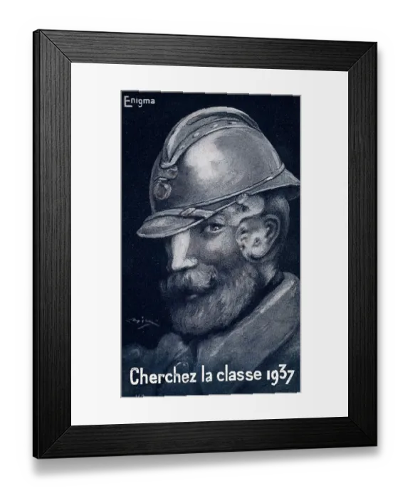 Framed Print : Enigma - Find the Class of 1937 - Optical Illusion with a baby in a tin bath hidden within a portrait of a French soldier. Date: 1937 Framed Print : Enigma - Find the Class of 1937 - Optical Illusion with a baby in a tin bath hidden within a portrait of a French soldier. Date: 1937