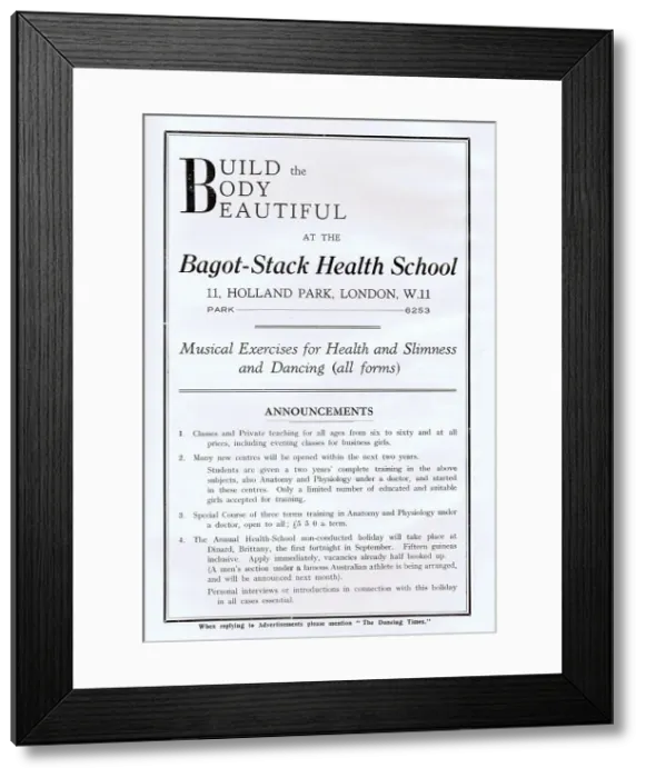 Framed Print : An advertisement for the Bagot-Stack Health School of 11 Holland Park, London - teaching and providing Musical Exercises for Health and Slimness and Dancing (all forms)'. (see 13497149) Date: 1929 Framed Print : An advertisement for the Bagot-Stack Health School of 11 Holland Park, London - teaching and providing Musical Exercises for Health and Slimness and Dancing (all forms)'. (see 13497149) Date: 1929