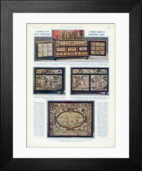 Framed Print : Page from The Illustrated London News, 10th March 1928, detailing a needlework casket of Charles II acquired by the Victoria and Albert Museum: A garden in my lady's trinket box: the only known model of a Stuart garden. Date: 1928 Framed Print : Page from The Illustrated London News, 10th March 1928, detailing a needlework casket of Charles II acquired by the Victoria and Albert Museum: A garden in my lady's trinket box: the only known model of a Stuart garden. Date: 1928