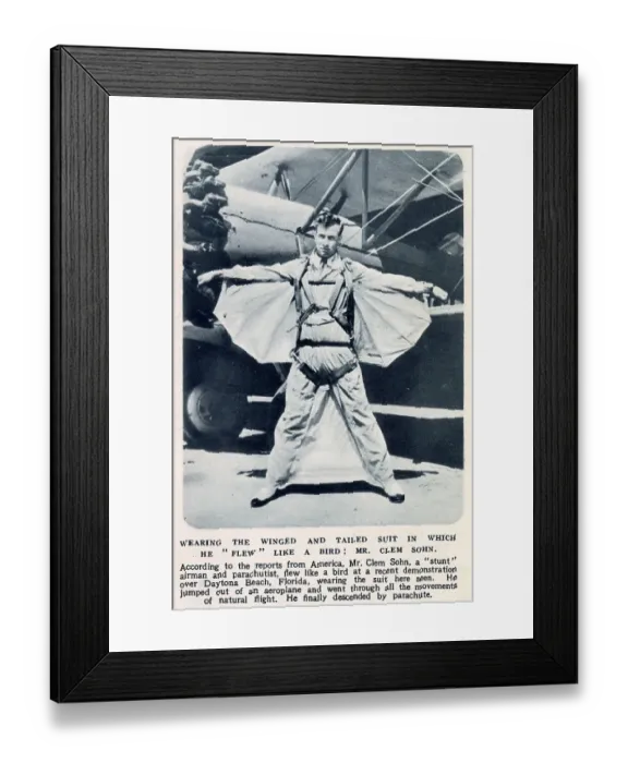 Framed Print : Stuntman Clem Sohn pictured in his winged and tailed suit in which he jumped out of an aeroplane and flew like a bird some distance over Daytona Beach before descending by parachute. Date: 1935 Framed Print : Stuntman Clem Sohn pictured in his winged and tailed suit in which he jumped out of an aeroplane and flew like a bird some distance over Daytona Beach before descending by parachute. Date: 1935