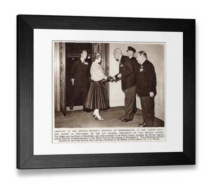 Framed Print : Queen Elizabeth II and the Duke of Edinburgh are greeted at the British Legion's Festival of Remembrance at the Royal Albert Hall by President of the Legion Sir Ian Fraser. Date: 1955 Framed Print : Queen Elizabeth II and the Duke of Edinburgh are greeted at the British Legion's Festival of Remembrance at the Royal Albert Hall by President of the Legion Sir Ian Fraser. Date: 1955