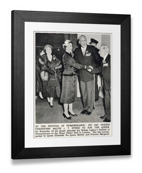 Framed Print : British Legion President Sir Ian Fraser presenting J T Spinks to Queen Elizabeth II, accompanied by Elizabeth, The Queen Mother to The Legion's Festival of Remembrance held at The Royal Albert Hall. Date: 1956 Framed Print : British Legion President Sir Ian Fraser presenting J T Spinks to Queen Elizabeth II, accompanied by Elizabeth, The Queen Mother to The Legion's Festival of Remembrance held at The Royal Albert Hall. Date: 1956