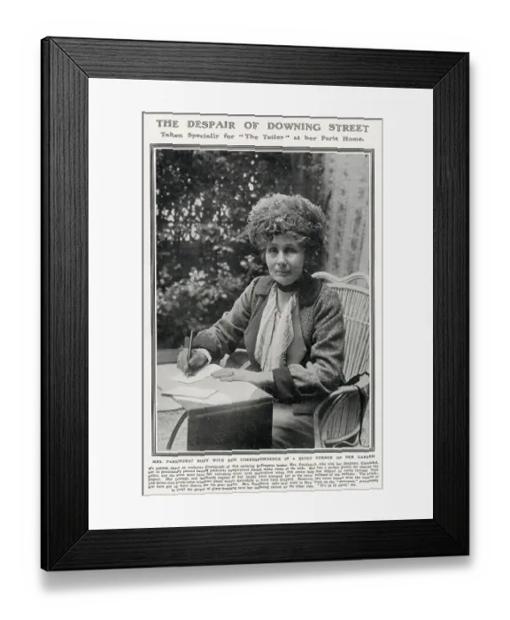 Framed Print : Emmeline Pankhurst pictured working on correspondence at her home in Paris in a photograph taken exclusively for The Tatler in 1913. She was staying there with her eldest daughter Christabel and later embarked on a tour of America. Date: 1913 Framed Print : Emmeline Pankhurst pictured working on correspondence at her home in Paris in a photograph taken exclusively for The Tatler in 1913. She was staying there with her eldest daughter Christabel and later embarked on a tour of America. Date: 1913