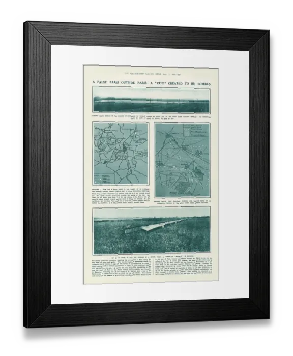 Framed Print : Maps and photographs revealing how Paris created a fake city just on its outskirts, designed to confuse enemy raiders. Date: 1920 Framed Print : Maps and photographs revealing how Paris created a fake city just on its outskirts, designed to confuse enemy raiders. Date: 1920