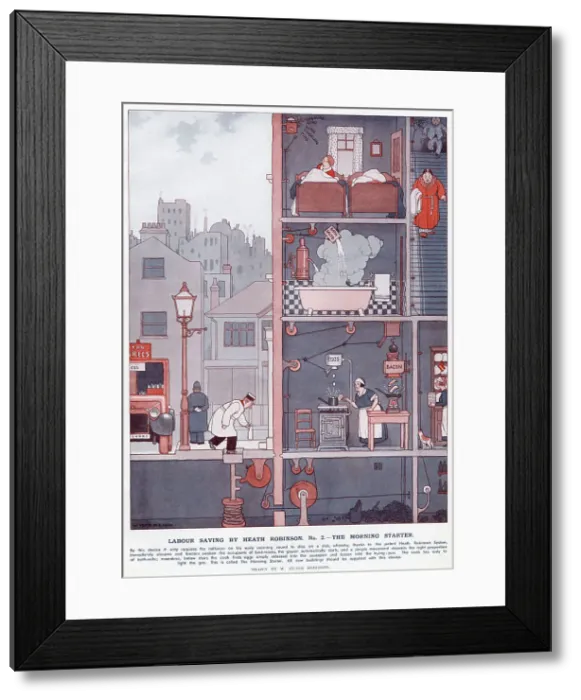 Framed Print : Labour Saving by Heath Robinson. No. 2 - The Morning Starter Framed Print : Labour Saving by Heath Robinson. No. 2 - The Morning Starter