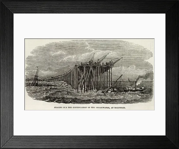Framed Print : Staging for the continuation of the Breakwater at Holyhead. Date: 1853 Framed Print : Staging for the continuation of the Breakwater at Holyhead. Date: 1853