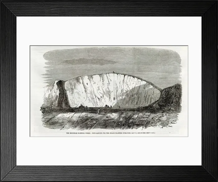 Framed Print : The Holyhead Harbour Works - preparations for the grand blasting operation on May 21, 1857. Date: 1857 Framed Print : The Holyhead Harbour Works - preparations for the grand blasting operation on May 21, 1857. Date: 1857
