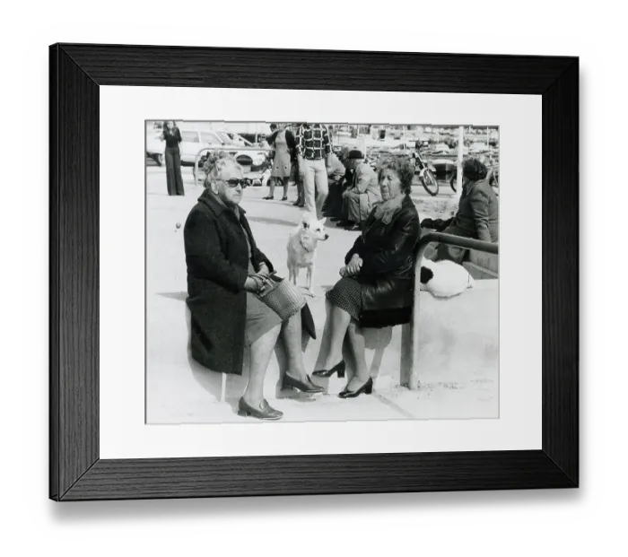 Framed Print : Two Elderly Women and dogs - seafront - South of France Date: circa 1970s Framed Print : Two Elderly Women and dogs - seafront - South of France Date: circa 1970s