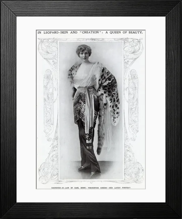 Framed Print : In leopard-skin and creation: a queen of beauty. Viscountess Curzon, wife of Earl Howe's only son, to whom she is a cousin. Before her marriage, in 1907, she was known as Miss Mary Curzon. Date: 1914 Framed Print : In leopard-skin and creation: a queen of beauty. Viscountess Curzon, wife of Earl Howe's only son, to whom she is a cousin. Before her marriage, in 1907, she was known as Miss Mary Curzon. Date: 1914