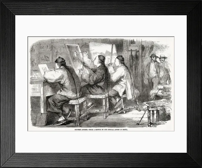 Framed Print : Chinese artists at work in a studio in Hong Kong. From left, one artist is painting a miniature from a daguerrotype Framed Print : Chinese artists at work in a studio in Hong Kong. From left, one artist is painting a miniature from a daguerrotype