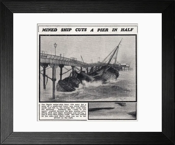 Framed Print : Deal Pier struck and severely damaged by a mined Dutch coaster, the Nora, in January 1940 Framed Print : Deal Pier struck and severely damaged by a mined Dutch coaster, the Nora, in January 1940