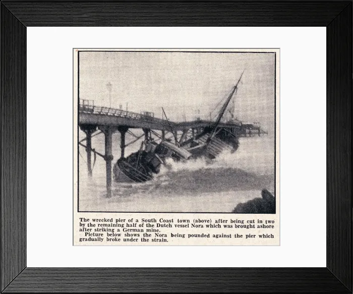 Framed Print : Deal Pier struck and severely damaged by a mined Dutch coaster, the Nora, in January 1940 Framed Print : Deal Pier struck and severely damaged by a mined Dutch coaster, the Nora, in January 1940